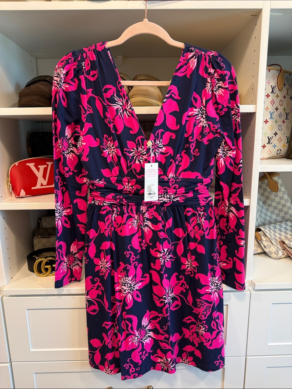 Lilly Pulitzer Navy and Bright Pink Floral Wrap Dress
